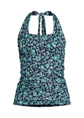 Lands' End Women's Chlorine Resistant Square Neck Halter Tankini Swimsuit Top - Navy/turquoise ornate floral