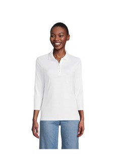 Lands' End Women's Supima Cotton Three quarters Sleeve Polo Shirt - White
