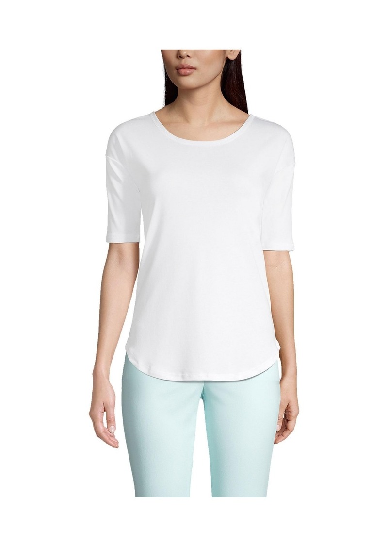 Lands' End Women's Supima Micro Modal Elbow Sleeve Balletneck Curved Hem Top - White