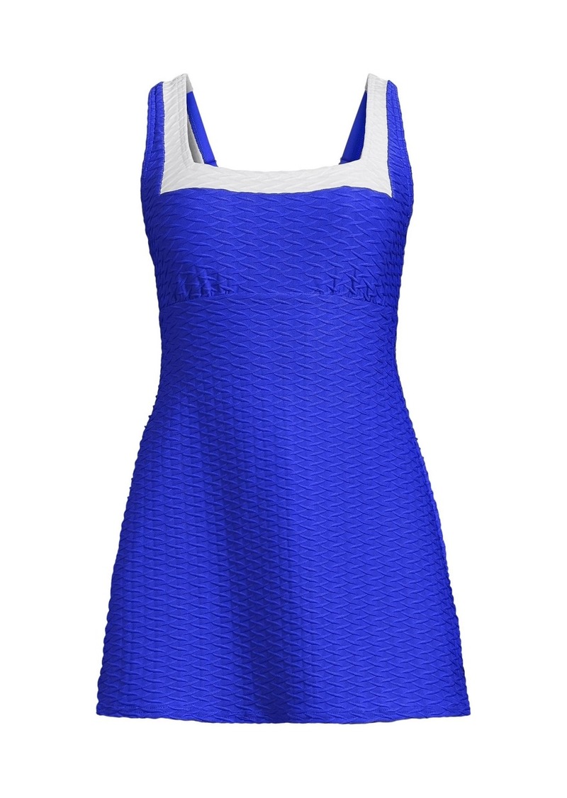 Lands' End Women's Texture Square Neck Mini Swim Dress - Electric blue/white