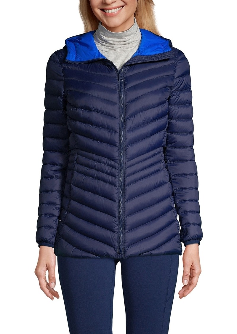 Lands' End Women's Wanderweight Ultralight Packable Hooded Long Down Jacket - Deep sea navy