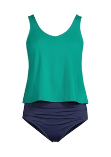 Lands' End Women's V-neck One Piece Fauxkini Swimsuit Faux Tankini Top - Island emerald/navy mix