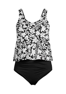 Lands' End Women's V-neck One Piece Fauxkini Swimsuit Faux Tankini Top - Black havana floral