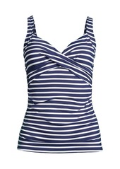 Lands' End Petite V-Neck Wrap Underwire Tankini Swimsuit Top Adjustable Straps - Deep sea/white media stripe