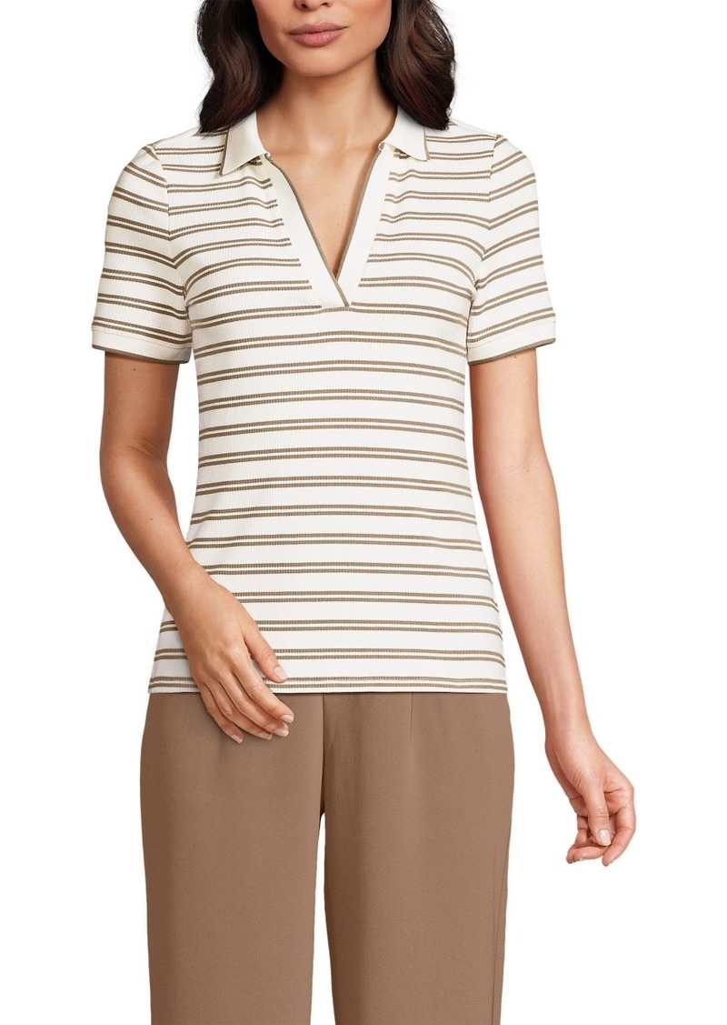 Lands' End Women's Wide Rib Polo Shirt - Fresh ivory dual stripe