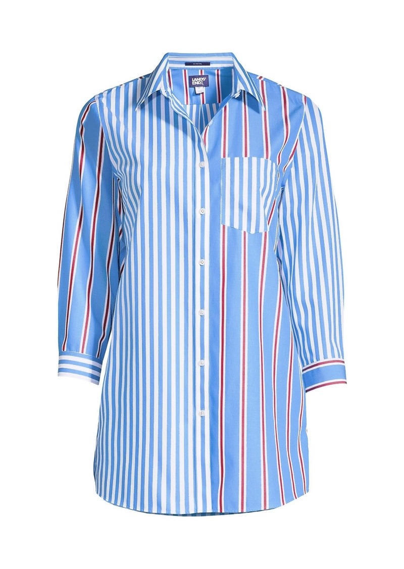 Lands' End Women's Wrinkle Free No Iron 3/4 Sleeve Tunic Top - Chicory blue stripe mix