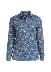 Lands' End Women's Wrinkle Free No Iron Button Front Shirt - Baltic teal ditsy floral