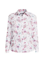 Lands' End Women's Wrinkle Free No Iron Button Front Shirt - White paisley floral
