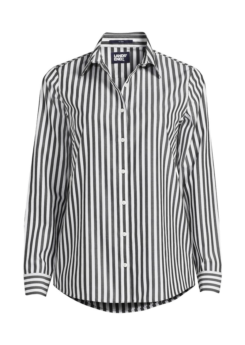 Lands' End Women's No Iron Button Front Shirt - Black/white stripe