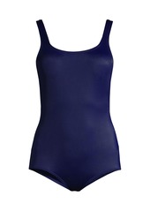 Lands' End Women's Long Chlorine Resistant Soft Cup Tugless Sporty One Piece Swimsuit - Black/purple grape