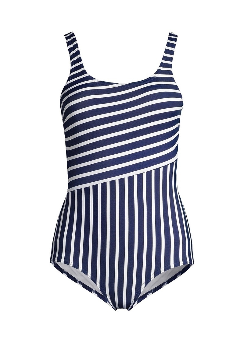 Lands' End Women's Long Scoop Neck Soft Cup Tugless Sporty One Piece Swimsuit Print - Deep sea/white media stripe