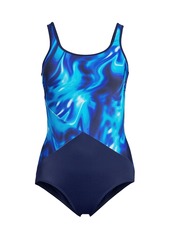 Lands' End Women's Long Scoop Neck Soft Cup Tugless Sporty One Piece Swimsuit Print - Multi swirl/deep sea navy mix