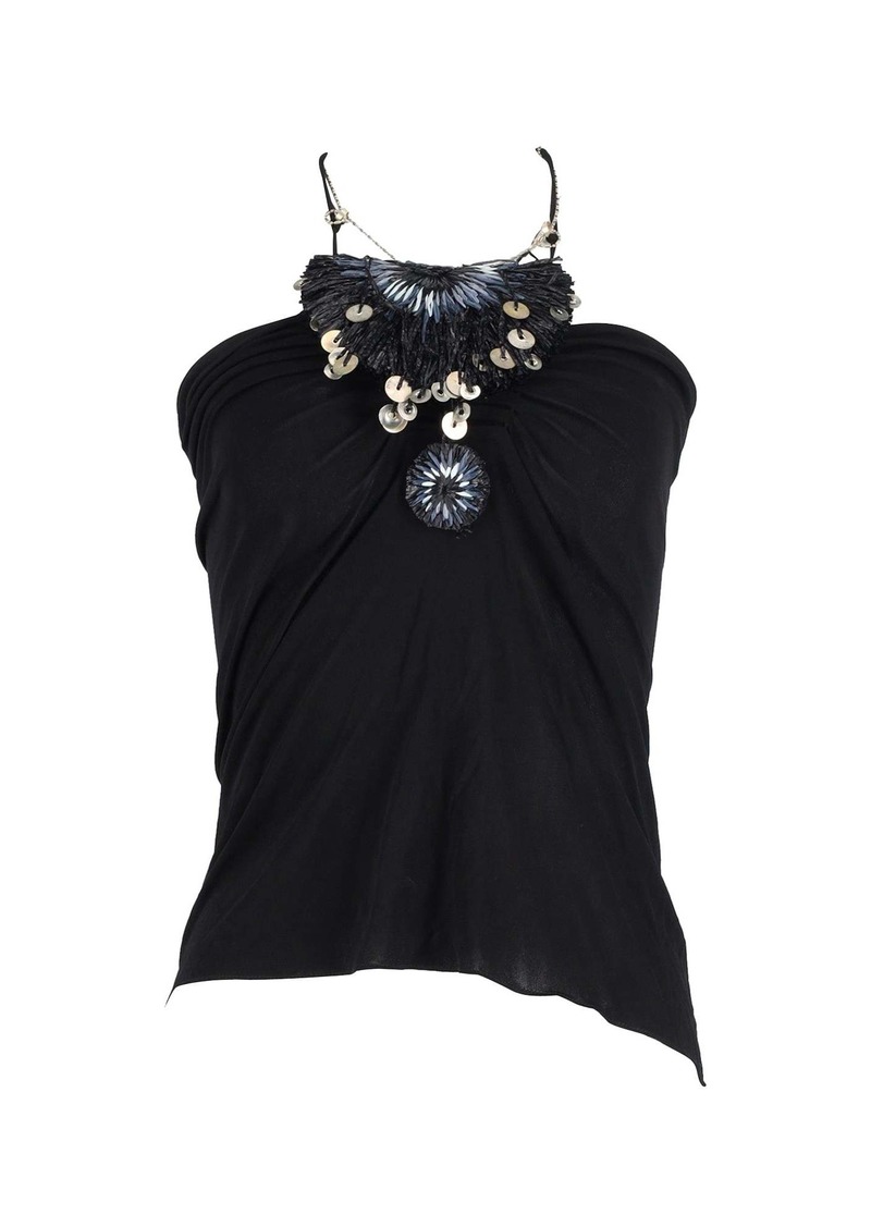 Lanvin Beaded Halterneck Draped Top in Black Viscose