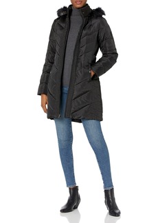 LARRY LEVINE Women's Long Down Coat with Side Tabs and Hood