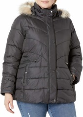 Larry Levine Women's Plus-Size Down Jacket with Removable Faux Fur Trim Hood Steel