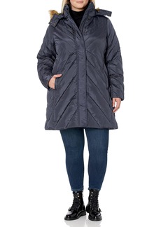 Larry Levine Women's Plus-Size Mid Length Chevron Down Coat with Faux Fur Trim Hood