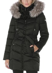 Laundry by Shelli Segal Belted Faux-Fur-Trim Hooded Puffer Coat