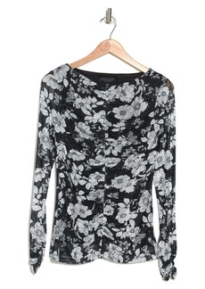 Laundry by Shelli Segal Boatneck Long Sleeve Ruched Mesh Top in Black/Marshmallow Floral at Nordstrom Rack