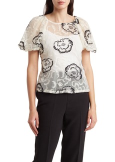 Laundry by Shelli Segal Embroidered Puff Sleeve Mesh Top in Marshmallow at Nordstrom Rack