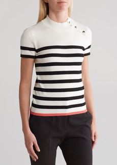 Laundry by Shelli Segal Mock Neck Button Sleeve Jersey Sweater in White/Black Stripe at Nordstrom Rack