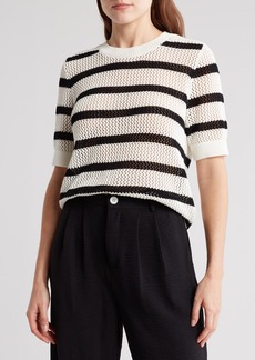 Laundry by Shelli Segal Open Weave Stripe Short Sleeve Sweater in Marshmallow/Black at Nordstrom Rack