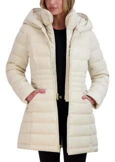 Laundry by Shelli Segal Women's 3/4 Puffer Jacket with Hood and Velvet Trim