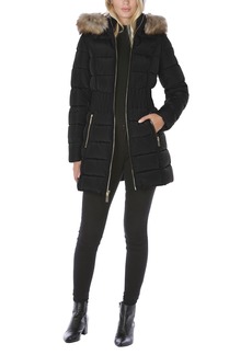 Laundry by Shelli Segal Women's 3/4 Puffer Jacket with Zig Zag Cinched Waist and Faux Fur Trim Hood
