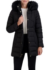 Laundry By Shelli Segal Women's 3/4 Puffer Jacket Zipper Front Snap Placket Detachable Faux Fur Strip Hood Buckle Belt 32" Coat