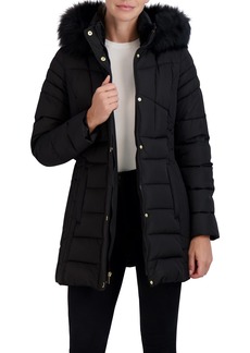 LAUNDRY BY SHELLI SEGAL Women's 3/4 Puffer Zipper Front Snap Placket Detachable Faux Fur Strip Hood Buckle Belt 32" Coat Jacket   US