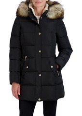 Laundry By Shelli Segal Women's 3/4 Puffer Jacket Zipper Front Snap Placket Detachable Faux Fur Strip Hood Pocket Slimming Elastic Waist 32" Coat