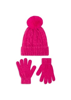 Laundry by Shelli Segal Women's Chenille Cable Beanie with Faux Pom and Glove Set - Bright pink