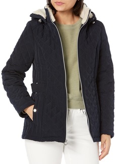 Laundry By Shelli Segal Women's Short Quilted Jacket Zipper Front Faux Shearling Detachable Hood Side Pocket 26" Coat