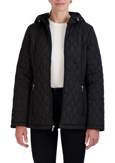LAUNDRY BY SHELLI SEGAL Women's Short Quilted Jacket Zipper Front Faux Fur Lined Hood Buckle Belt 27.5" Coat