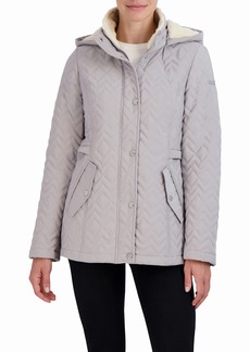 Laundry By Shelli Segal Women's Short Quilted Jacket Zipper Front Faux Shearling Hood Drawcord Pocket 27.5" Coat