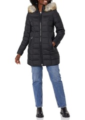 LAUNDRY BY SHELLI SEGAL Women's Stretch 3/4 Puffer Jacket with Faux Fur Striped Hood