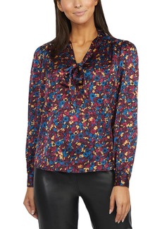 Laundry by Shelli Segal Plus Womens Tie Neck Floral Print Pullover Top