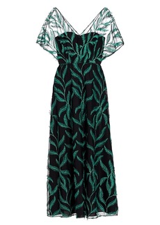 Lela Rose Beaded Feather-Patterned Midi-Dress