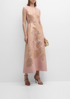 Lela Rose Blair Metallic Floral Jacquard Sleeveless Midi Dress