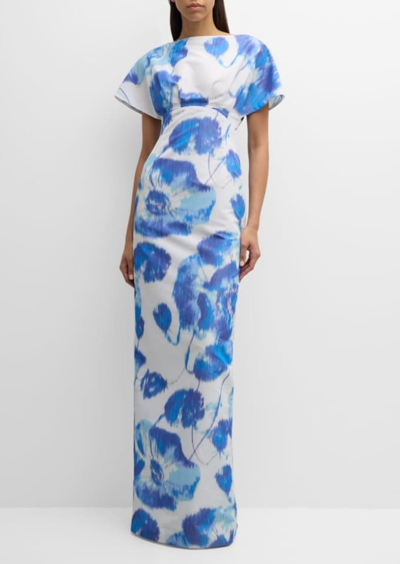 Lela Rose Boat-Neck Floral Empire-Waist Short-Sleeve Gown