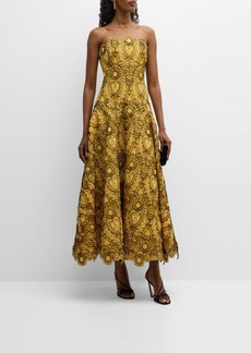 Lela Rose Embroidered Floral Applique Strapless Gown