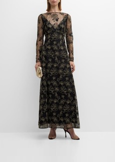 Lela Rose Embroidered Lace Long-Sleeve Illusion Maxi Dress