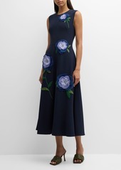 Lela Rose Floral Applique Sleeveless Midi Dress
