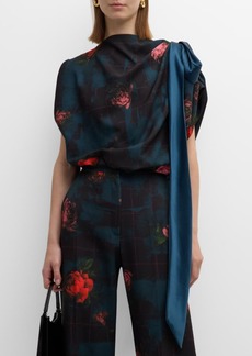 Lela Rose Floral Check-Print Draped Bow Cap-Sleeve Crop Top