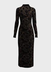 Lela Rose Floral Jacquard Knit Mock-Neck Long-Sleeve Midi Dress