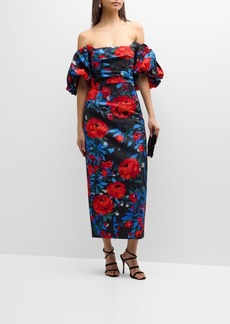 Lela Rose Floral Print Midi Dress with Puff Sleeves