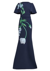 Lela Rose Garden Embellished Flutter-Sleeve Belted Gown