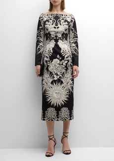 Lela Rose Graphic-Print Long-Sleeve Square-Neck Midi Dress