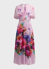 Lela Rose Isabel Watercolor Floral-Print Short-Sleeve Pleated-Waist Midi Dress