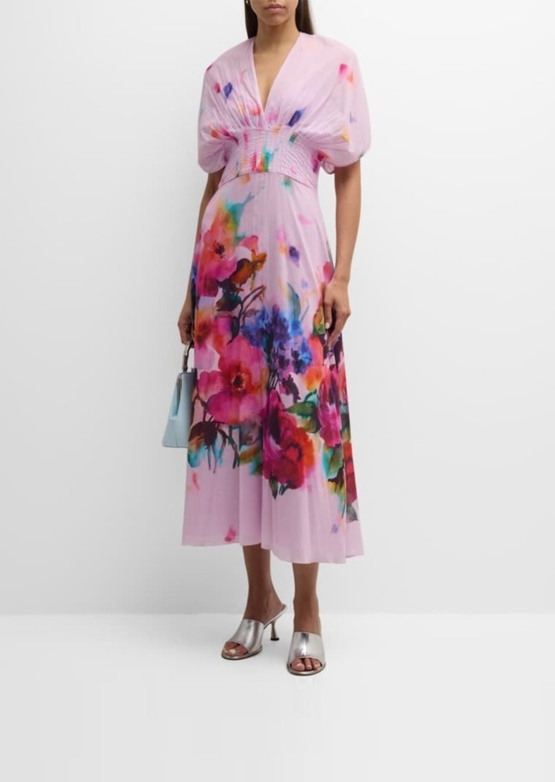 Lela Rose Isabel Watercolor Floral-Print Short-Sleeve Pleated-Waist Midi Dress