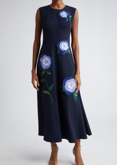 Lela Rose 3D Floral Appliqué Sleeveless Midi Dress